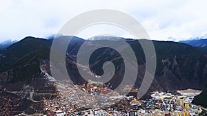 Aerial view of Tibetan Mountaineous Town of Baiyu