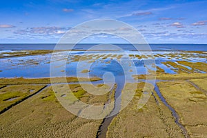 Aerial view Tidal Marshland national park Waddensea