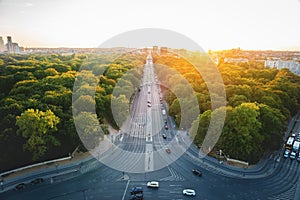 Aerial view of Tiergarten Park and Bundesstrasse 2 highway at sunset - Berlin, Germany