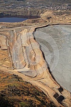 An aerial view of the tiers and dykes at a copper mine.