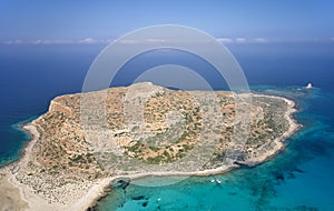 Aerial view on Tigani cape and Balos lagoon with sandy beach. Crete, Greece