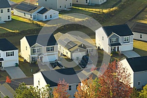 Aerial view of tightly packed homes in South Carolina residential area. New family houses as example of real estate