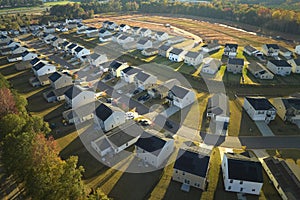 Aerial view of tightly packed homes in South Carolina residential area. New family houses as example of real estate