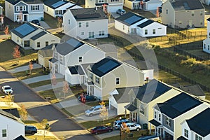 Aerial view of tightly packed homes in South Carolina residential area. New family houses as example of real estate