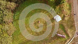 Aerial view tilted down of male potter making ceramic on potter's wheel, watering clay and forming. Potter molding