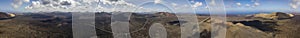 Aerial view of Timanfaya, national park, Caldera Blanca, panoramic view of volcanoes. Lanzarote, Canary Islands, Spain