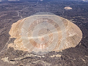 Aerial view of Timanfaya, national park, Caldera Blanca, panoramic view of volcanoes. Lanzarote, Canary Islands, Spain