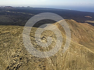 Aerial view of Timanfaya, national park, panoramic view of volcanoes. . Lanzarote, Canary Islands, Spain