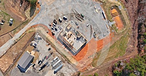 Aerial view the timber frame beam framework house stick built home under construction new build with wooden truss