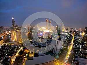 Aerial view time lapse of Bangkok skyline and Chao Phraya river in Thailand., footage Bangkok city skyline in sunset.