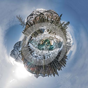 Aerial view tinny planet of blue river in a winter