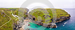 Aerial view of Tintagel castle in Cornwall