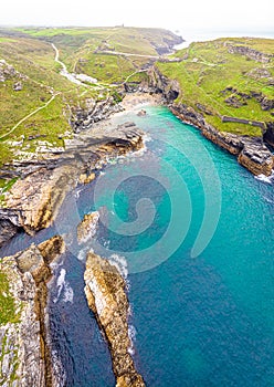 Aerial view of Tintagel castle in Cornwall