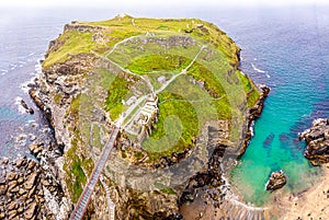 Aerial view of Tintagel castle in Cornwall