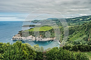 Aerial view of Tio Domingos viewpoint in Lomba da Maia overlooking the beach and cliffs on the horizon, SÃ£o Miguel - Azores