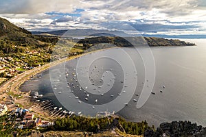 Aerial view at the Titicaca lake in Copacobana, Bolivia