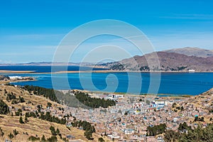 Aerial view of Titicaca Lake in the peruvian Andes Puno Peru photo