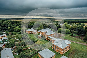 Aerial view to abandoned former Nechaev`s mansion in Polibino village