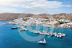 Aerial view to Adamas town, the port of Milos island, Cyclades, Greece