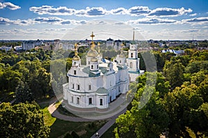 Aerial view to The Assumption Cathedral and his bell tower in Poltava