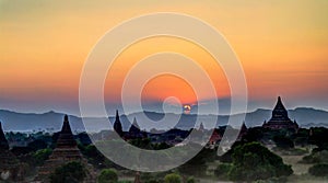 Aerial view to Bagan at sunset Myanmar