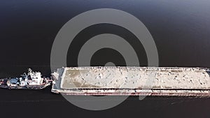 Aerial view to barge on the river Dnipro, Kyiv, Ukraine