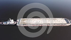 Aerial view to barge on the river Dnipro, Kyiv, Ukraine