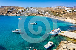 Aerial view to the bay and beach of Agia Anna on the island of Mykonos