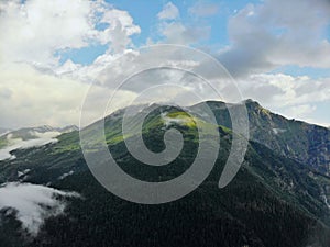 Aerial view to the beautiful mountain landscape. A panorama from the drone. Dombai Russia