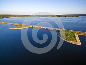 Aerial view to bridge on river at sunset, Severskiy Donets river photo