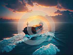 Aerial view to cargo ship with containers on deck in open sea beautiful sunset, cargo transportation