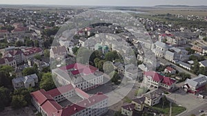 Aerial view to Church of the Assumption of Blessed Virgin Mary and center of historical city Zolochiv