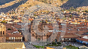Aerial view to the church of the Society of Jesus, and Plaza De Armas Cuzco, Peru