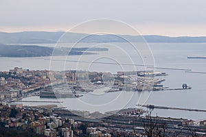 Aerial view to the city center and Port of Trieste in Italy.