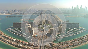 Aerial view to city from the Palm Jumeirah island in Dubai, UAE