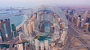 Aerial view to city from the Palm Jumeirah island in Dubai, UAE