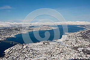 Aerial view to the city of Tromso, 350 kilometers north of the Arctic Circle, Norway.