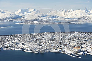 Aerial view to the city of Tromso, 350 kilometers north of the Arctic Circle, Norway