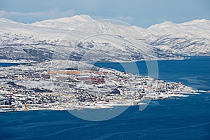 Aerial view to the city of Tromso from the Fjellheisen mountain in Tromso, Norway.