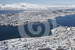 Aerial view to the city of Tromso, 350 kilometers north of the Arctic Circle, Norway