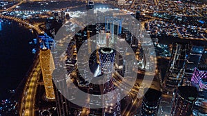 Aerial View to the Colorful Night Life of Doha city center