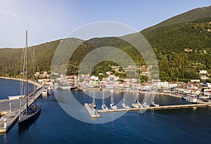 Aerial view to the commercial port and yacht marina of Sami