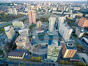 Aerial view to downtown Pavlovo Pole in Kharkiv, Ukraine