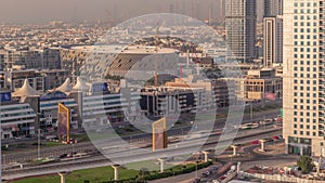 Aerial view to Dubai City Walk district timelapse from above