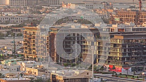 Aerial view to Dubai City Walk district timelapse from above