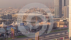 Aerial view to Dubai City Walk district timelapse from above