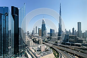 Aerial view to Dubai downtown city center skyline