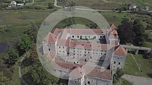 Aerial view to famous ukranian ruined Svirzh Castle