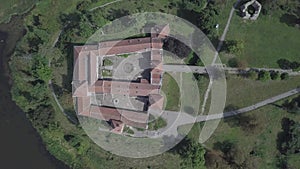 Aerial view to famous ukranian ruined Svirzh Castle