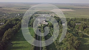 Aerial view to famous ukranian sightseeing old ruined palace castle in Pidhirci, Lviv region,